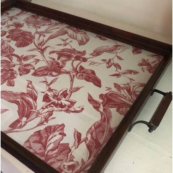 Wood Frame Antique Vintage Glass Serving Tray Red Flower Pattern Print - Picture 1 of 15